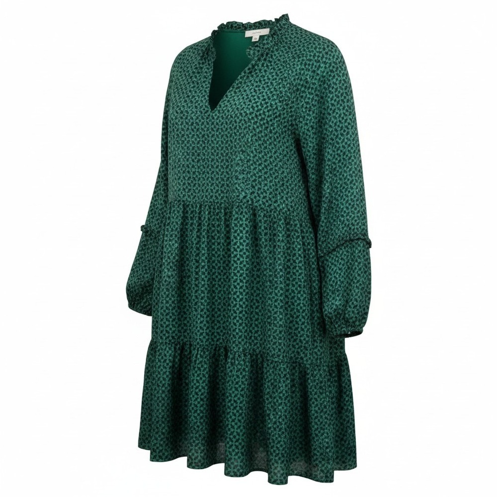 CeCe Academy Dress Women 3X Green Geometric Ruffle Neck Tiered Shift New
